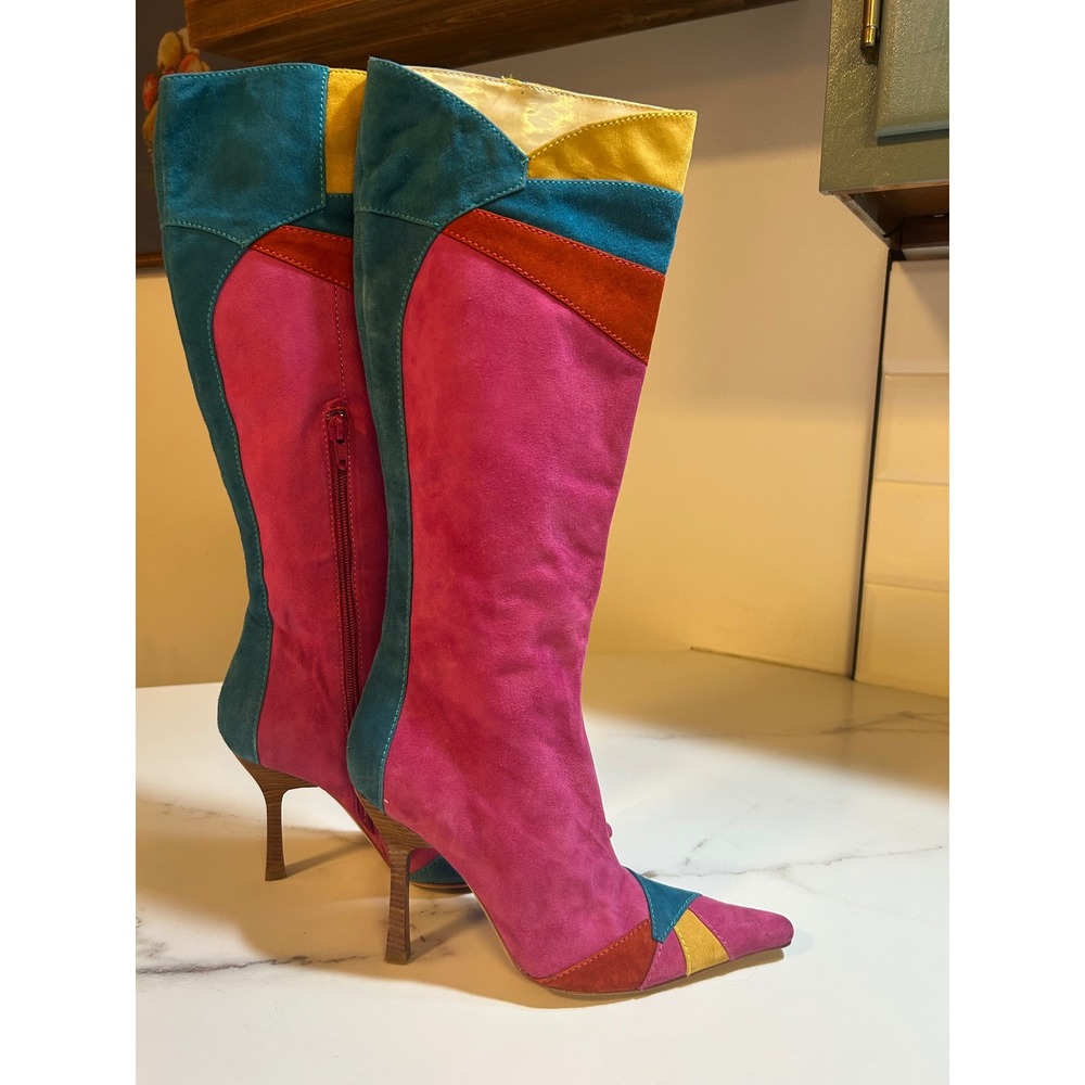 Steven by Steve Madden Colorblock Suede Pointed Toe Knee High Boots Pink Teal 7M